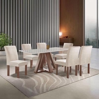 Conjunto Sala de Jantar Kyra 6 Lugares Tampo Vidro Suede Bege 170CM Cel Móveis