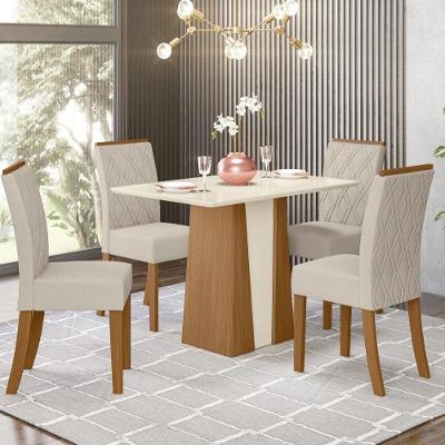Conjunto Sala de Jantar Layla Pro 4 Lugares Tampo MDF Cadeiras Estofadas Off White 120CM Casa 812