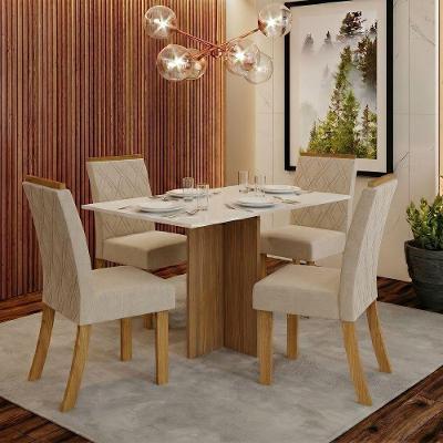 Conjunto Sala de Jantar Layla Glam 4 Lugares Tampo MDF Cadeiras Estofadas Off White 120CM Casa 812