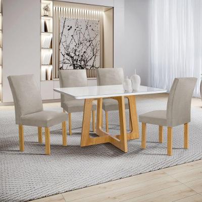 Conjunto Sala de Jantar Arizona 4 Lugares Tampo em Vidro com Cadeiras Veludo Bege 120CM Cel Móveis