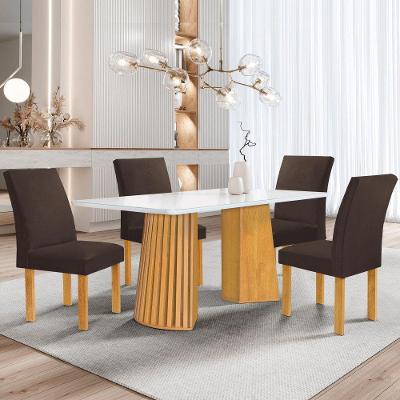 Conjunto de Jantar Stella 4 Lugares Tampo em Vidro com Cadeiras em Veludo Marrom Cel Móveis
