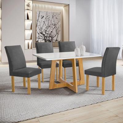 Conjunto Mesa Arizona 4 Lugares Tampo em Vidro com Cadeiras Veludo Grafite 120CM Cel Móveis