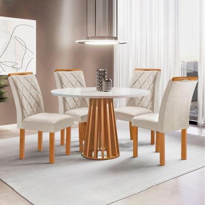 Conjunto Sala de Jantar Kansas 4 Lugares Tampo Vidro Cadeiras Suede Bege 100CM Cel Móveis