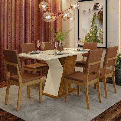 Conjunto de Jantar Layla Diamond 6 Lugares Tampo MDF com Vidro Cadeiras Estofadas Caramelo Casa 812