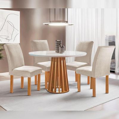 Conjunto de Jantar Kansas 4 Lugares Tampo Vidro Cadeiras Suede Off White e Bege 100CM Cel Móveis