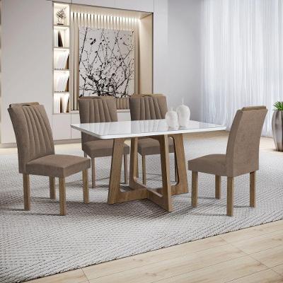 Conjunto de Jantar Arizona 4 Lugares Tampo MDF com Vidro Veludo Bege Escuro 120CM Cel Móveis