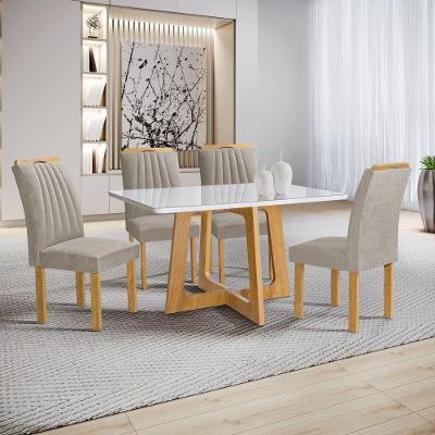 Conjunto de Jantar Arizona 4 Lugares Tampo em Vidro com Cadeiras Veludo Bege 120CM Cel Móveis