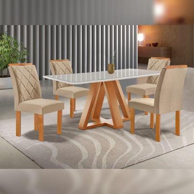 Conjunto de Jantar Kyra 4 Lugares Tampo em Vidro Suede Bege 120CM Cel Móveis