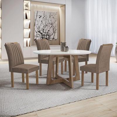 Conjunto de Jantar Arizona 4 Lugares Tampo em Vidro com Cadeiras em Veludo Bege 120CM Cel Móveis