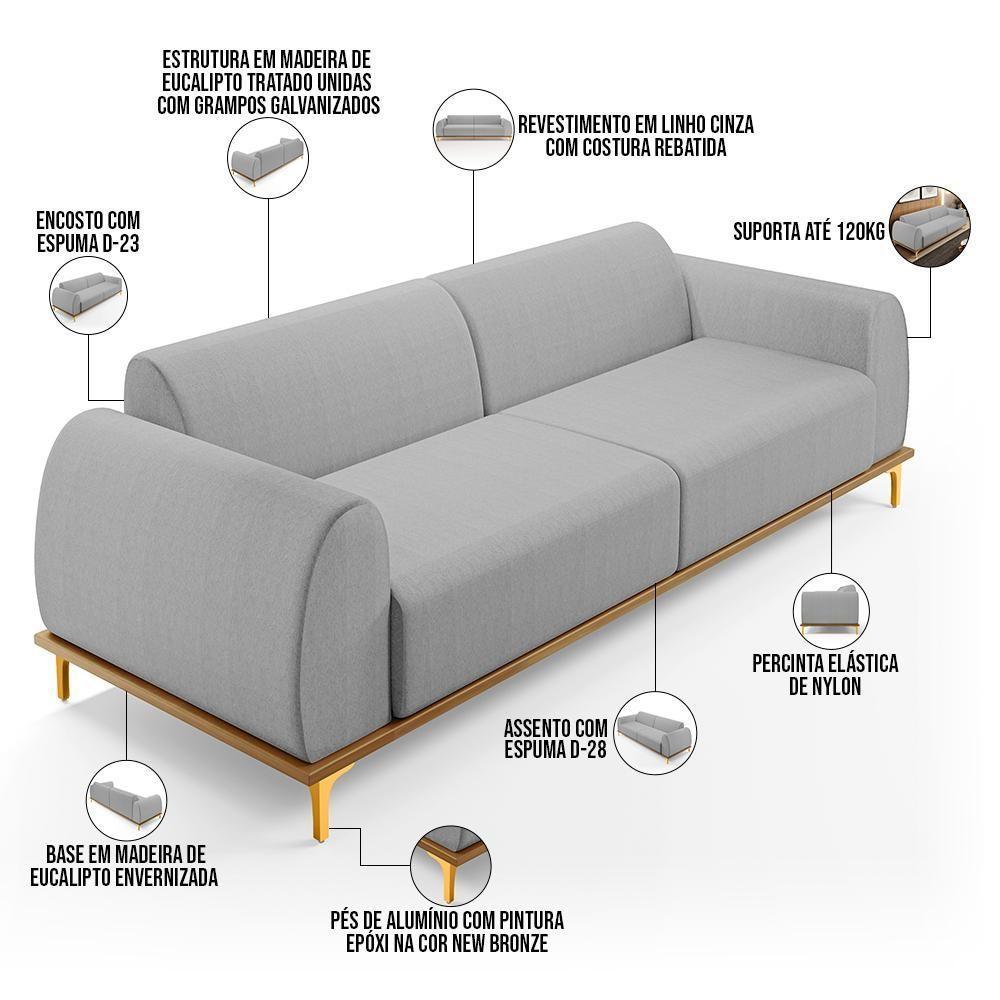 Sofá 03 Lugares Para Sala De Estar Kiev 210 Cm Cinza D-315 - 5