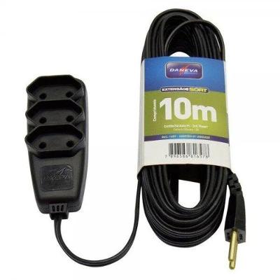 Extensão Elétrica PL Daneva Conexão 3 Plugues 2 Polos Preto 10M