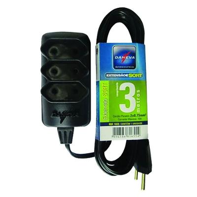 Extensão Elétrica PL Daneva 2P+T Uso Simultâneo 2x0,75mm Bivolt Preta 3M Daneva