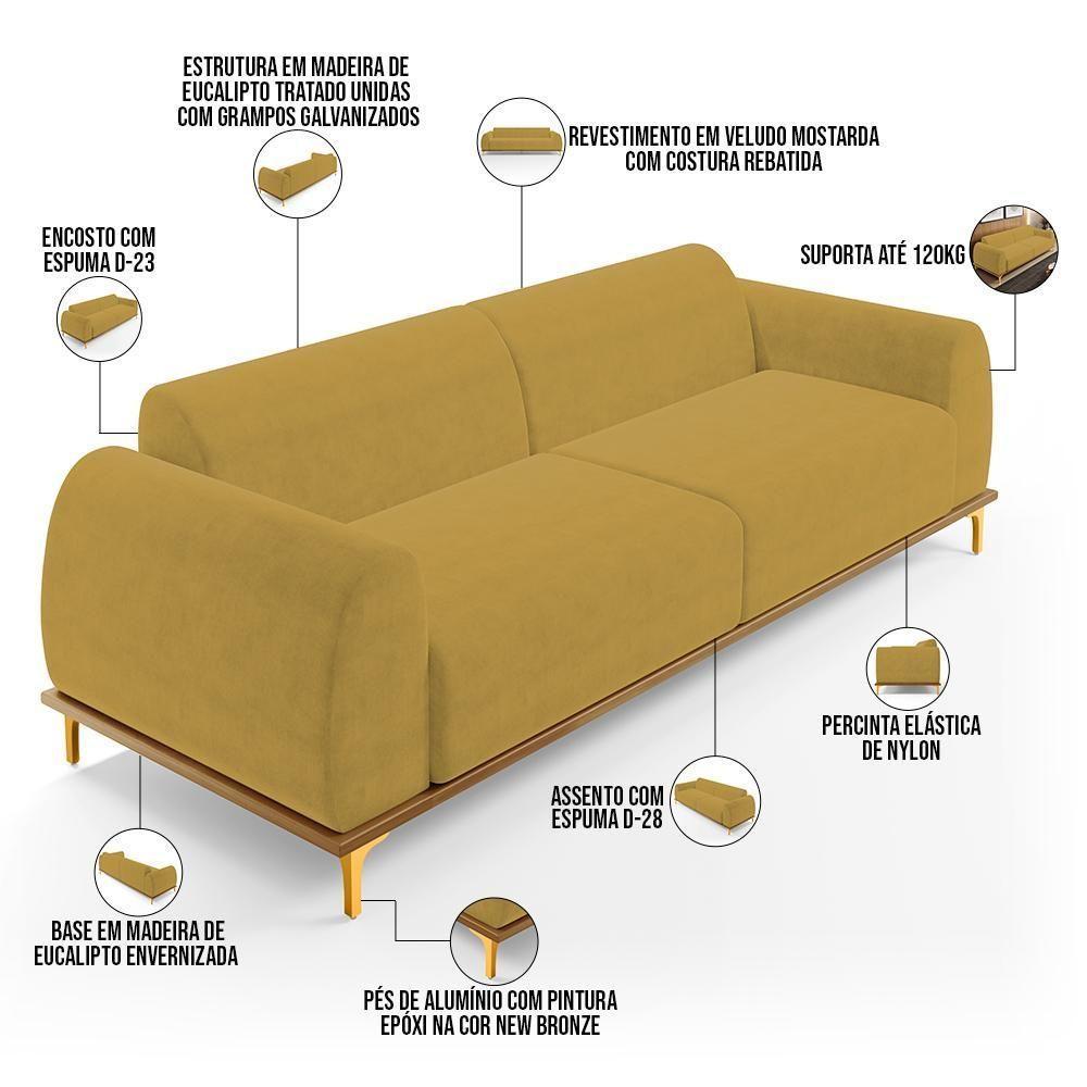 Sofá 03 Lugares Kiev 210 Cm Veludo Mostarda C-260 - 5