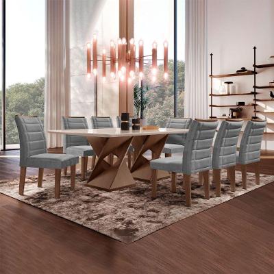 Conjunto Sala De Jantar Tampo Vidro Com 8 Cadeiras Chocolate/off White/veludo Cinza