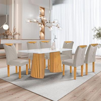 Conjunto Sala de Jantar Stella 6 Lugares Tampo em Vidro com Cadeiras Veludo Bege Cel Móveis