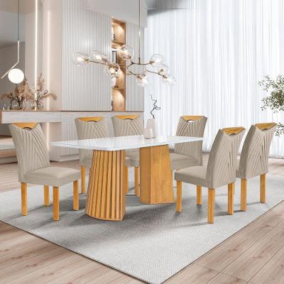 Conjunto Sala de Jantar Stella 6 Lugares Tampo em Vidro com Cadeiras Bege Cel Móveis