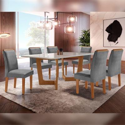 Conjunto Sala de Jantar Napoles 6 Lugares Tampo em Vidro com Cadeiras Veludo Grafite Cel Móveis
