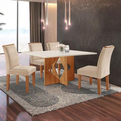 Conjunto Sala de Jantar Laura 4 Lugares Tampo MDF Cadeiras Suede Off White e Cinamomo 120CM Cel