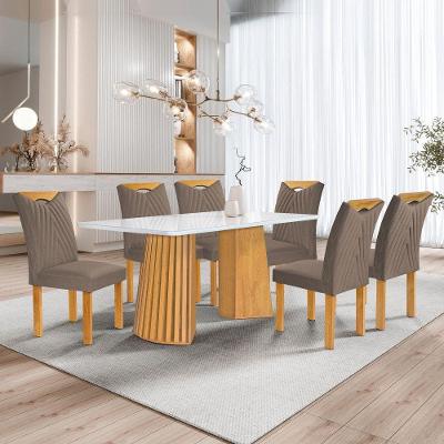 Conjunto de Jantar Stella 6 Lugares Tampo em Vidro com Cadeiras em Veludo Bege Escuro e Off White