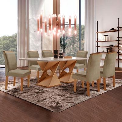 Conjunto Sala de Jantar Genova 6 Lugares Tampo em Vidro Cadeiras Veludo Bege Escuro 170CM Cel Móveis