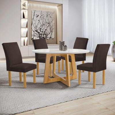 Conjunto Sala de Jantar Arizona 4 Lugares Tampo Vidro Veludo Marrom 120CM Cel Móveis