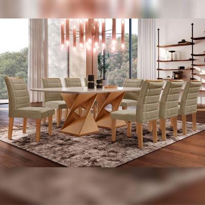 Conjunto Sala de Jantar Genova 8 Lugares Tampo em Vidro Cadeiras Veludo Bege Escuro 200CM Cel Móveis