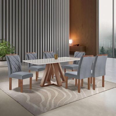 Conjunto de Jantar Kyra 6 Lugares Tampo em Vidro Cadeiras Suede Off White Grafite 170CM Cel Móveis