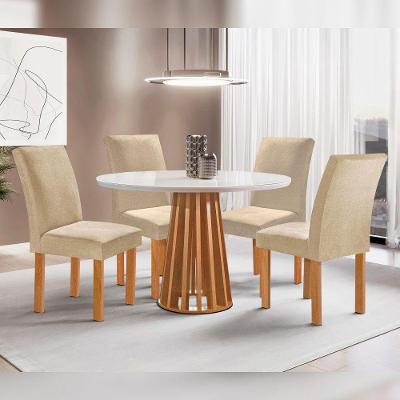 Conjunto Sala de Jantar Kansas 4 Lugares Tampo Vidro Cadeiras Suede Bege 100CM Cel Móveis