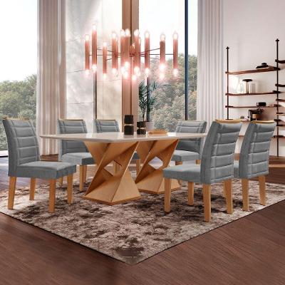 Conjunto Sala De Jantar Genova Tampo Vidro Com 6 Cadeiras Cinamomo/off White/veludo Cinza
