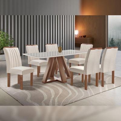 Conjunto de Jantar Kyra 6 Lugares Tampo em Vidro Suede Bege 170CM Cel Móveis
