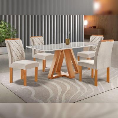 Conjunto de Jantar Kyra 4 Lugares Tampo em Vidro Suede Bege 120CM Cel Móveis