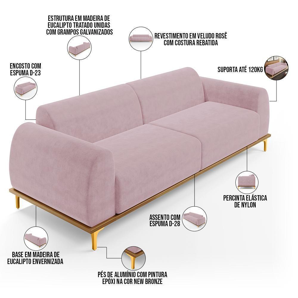Sofá 03 Lugares Kiev 230 Cm Veludo Rosê C-305 - 5
