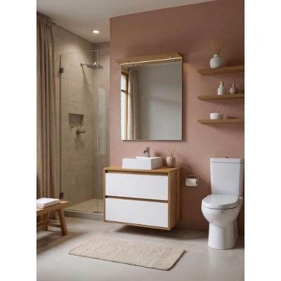 Gabinete para Banheiro Dubai 1 Porta 1 Gaveta MDF 80CM Amadeirado e Branco com Cuba e Espelho On