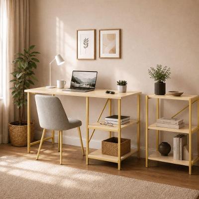 Kit Mesa Retangular + Estante 3 Prateleiras Star 110 Industrial MDF Dourado e Off White KLM Store