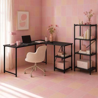 Kit Mesa l + Estante Industrial 4 Prateleiras MDF Preto KLM Store