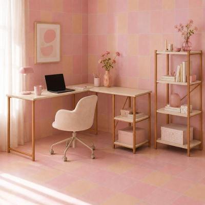 Kit Mesa l + Estante Industrial 4 Prateleiras MDF Cobre Off White KLM Store