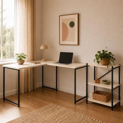 Kit Mesa l + Estante 3 Prateleiras Preto e Off White KLM Store