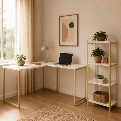 Kit Mesa l + Estante 4 Prateleiras Moderno 4 Nichos MDF-MDP Dourado-off White KLM Store