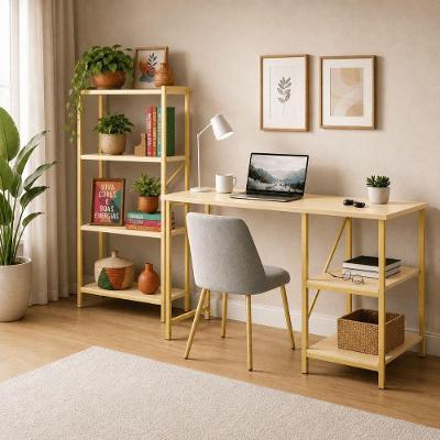 Kit Bancada Gourmet + Estante Mesa Star 110 Industrial 4 Prateleiras Moderno Dourado Off White KLM