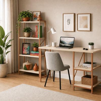 Kit Bancada Gourmet + Estante Mesa Star 110 Industrial 4 Prateleiras MDF Cobre e Off White KLM Store