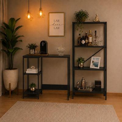 Kit Bancada Gourmet Industrial + Estante 4 Prateleiras Preto KLM Store
