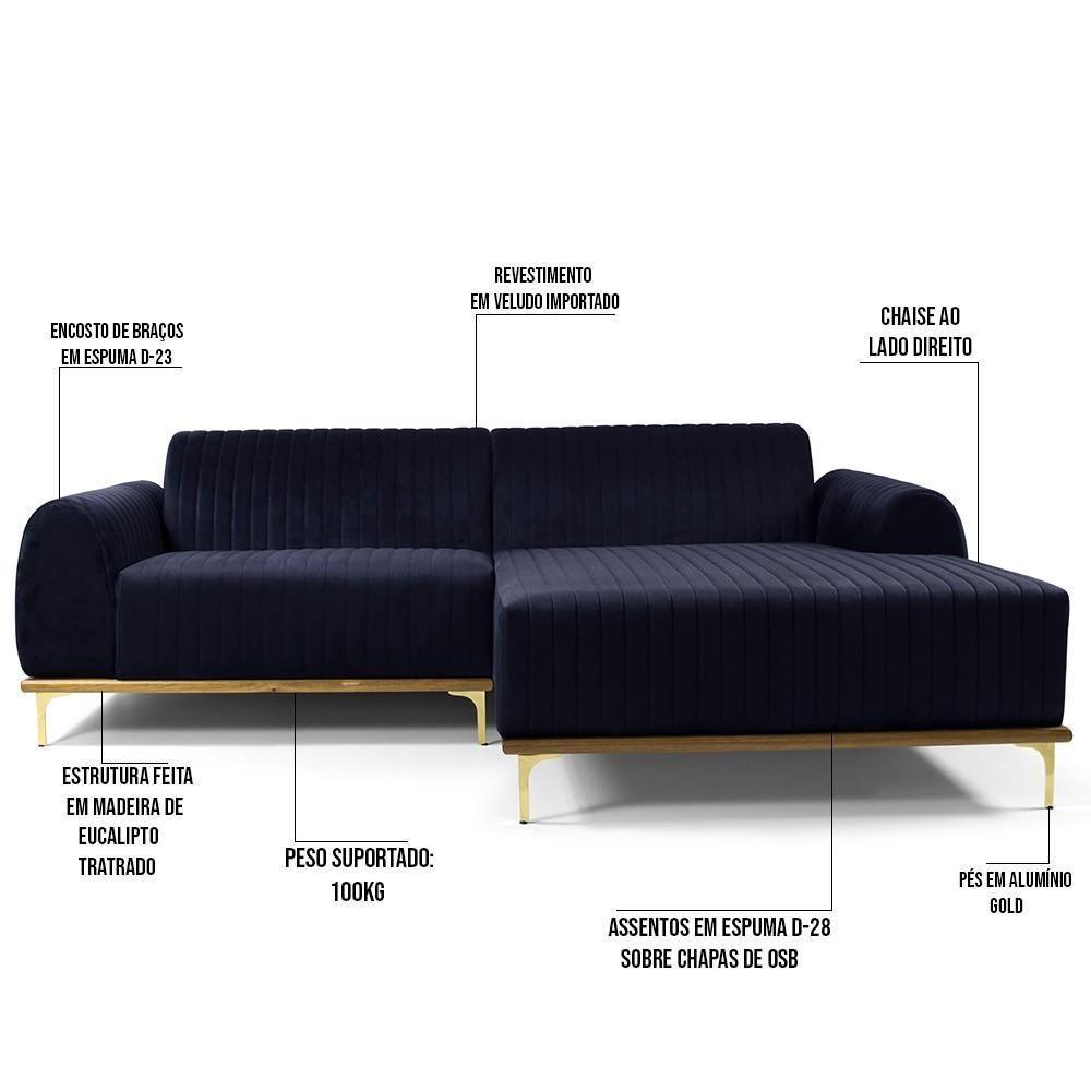 Sofá 3 Lugares Com Chaise Molino 245 Cm Azul Marinho C-287 - 5