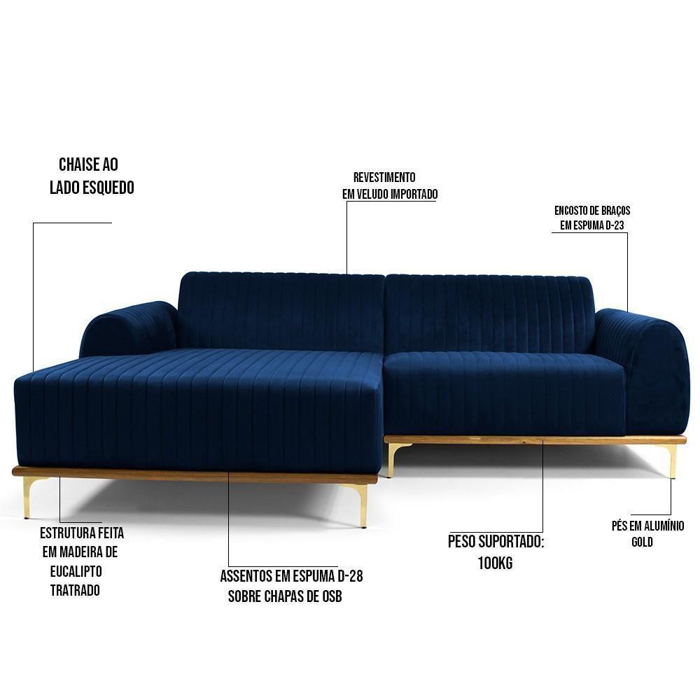 Sofá 3 Lugares Com Chaise Molino 230 Cm Azul Oxford C-304 - 2