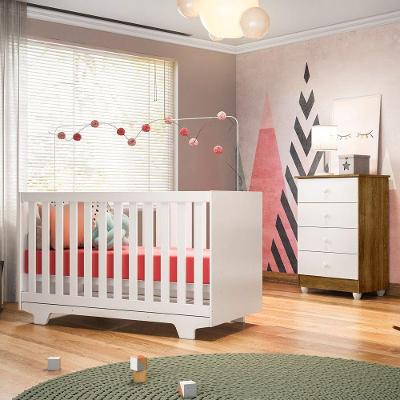 Quarto de Bebê Berço Mini Cama e Cômoda Soft Life 4 Gavetas MDF-MDP Branco Tigus Móveis