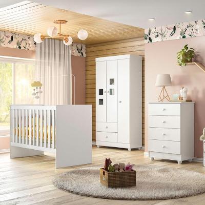 Quarto Bebê Guarda Roupa Cômoda Berço Life 4 Gavetas MDF Branco Tigus Móveis