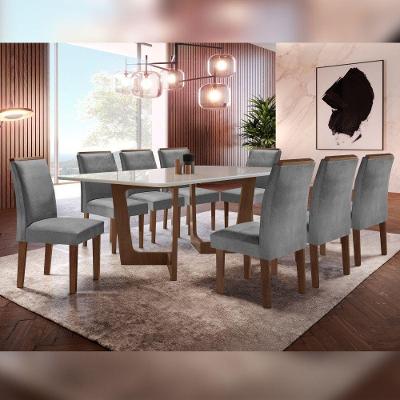 Conjunto Sala de Jantar Nápoles 8 Lugares Tampo Vidro Cadeiras Veludo Grafite 200CM Cel Móveis