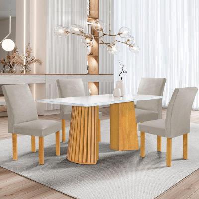 Conjunto Sala de Jantar Stella 4 Lugares Tampo MDF com Vidro e Cadeiras Veludo Bege 120CM Cel Móveis