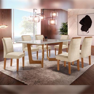 Conjunto Sala de Jantar Napoles 6 Lugares Tampo em Vidro Cadeiras Veludo Bege 170CM Cel Móveis