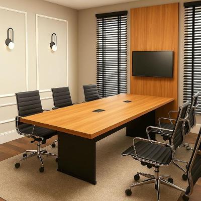Conjunto Escritório F5 Mesa 250CM e Painel para TV MDF Amadeirado Freijó