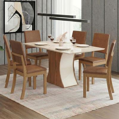 Conjunto Sala de Jantar Layla Urban 6 Lugares Tampo MDF Cadeiras Estofadas Off White 160CM Casa 812